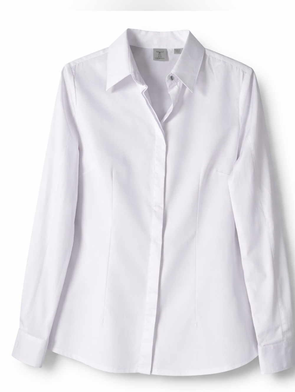 ​Tristan White Hidden Button Down Blouse Tailored Stretch Cotton Tailored Shirt